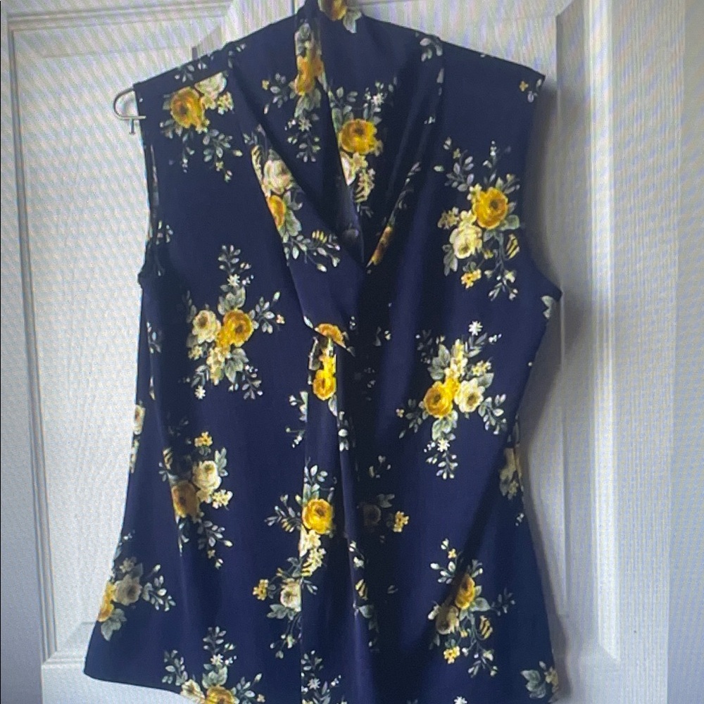 Free People Navy Blue Floral Sleeveless Blouse with Yellow Roses